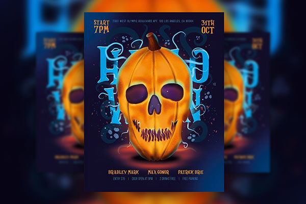 Illustrated, Skeletal Halloween Party Flyer and Facebook Cover Templates FREE PSD