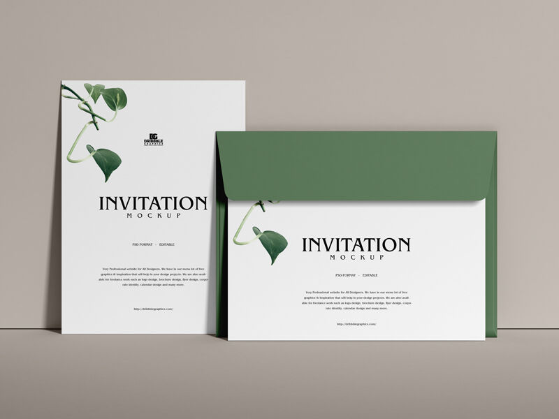 Invitation Card and Envelope leaning Against a Wall Mockup FREE PSD