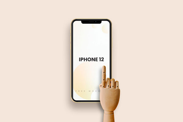 iPhone 12 With Wooden Hand pointing at the Screen Mockup FREE PSD