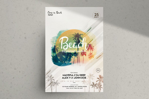 Khaki, Watercolor, Tropical Summer Party Flyer Template FREE PSD