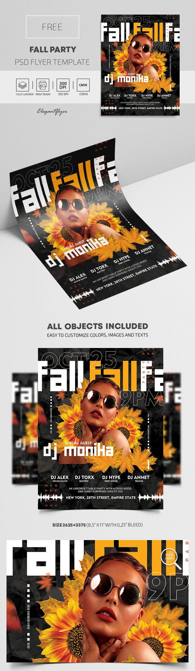 Leafy Black and Orange DJ Event Flyer Template FREE PSD
