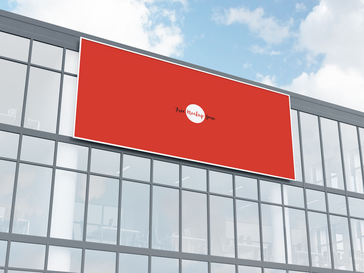 Low-Angle View, Horizontal Advertisement Billboard Put up on Building Mockup FREE PSD