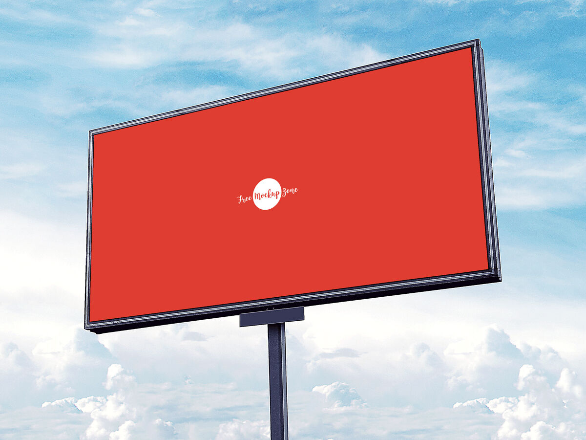 Low-Angle View, Horizontal, Metal Pole Advertisement Billboard Mockup FREE PSD