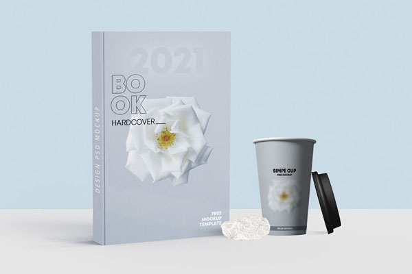 Mockup of Hardcover Book Along with Paper Coffee Cup FREE PSD