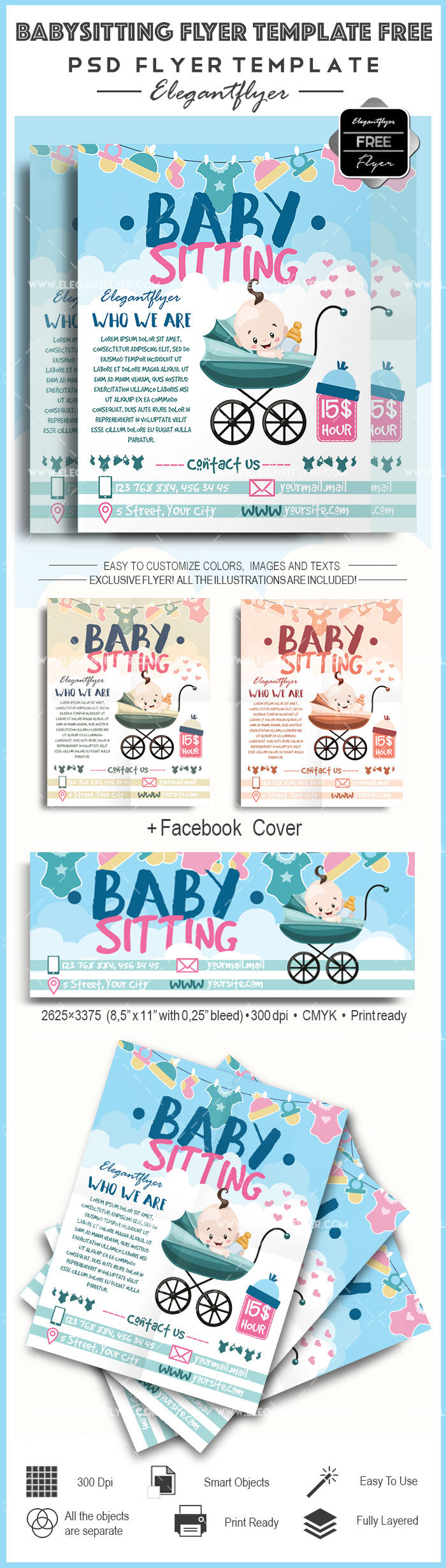 Modern Illustrated Babysitting Flyer Template and Facebook Cover FREE PSD