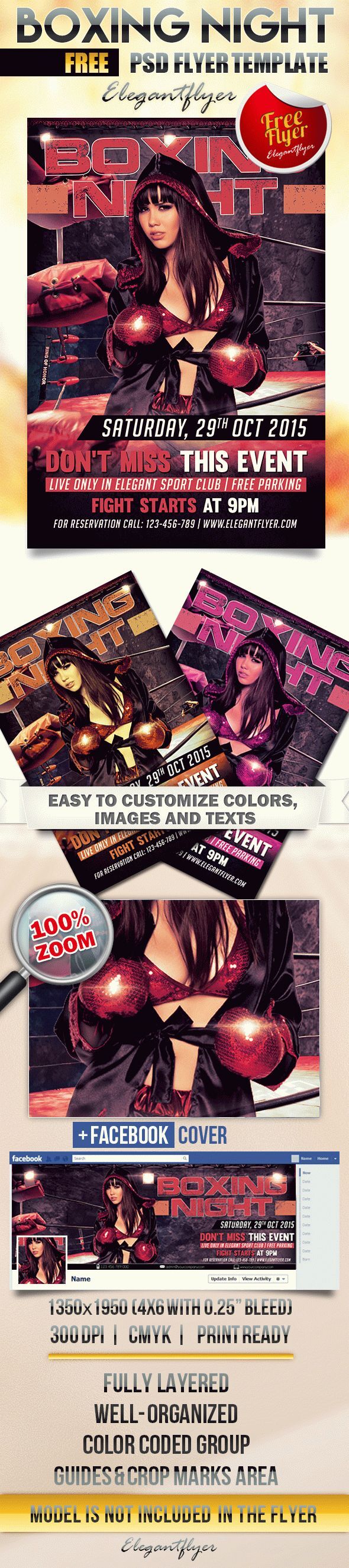 Modern Photorealistic Boxing Match Flyer and Facebook Cover Template FREE PSD