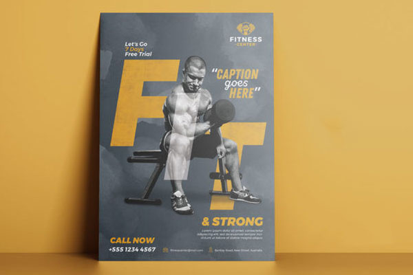 Mustard, Gray, Modern Fitness Center Flyer template FREE PSD