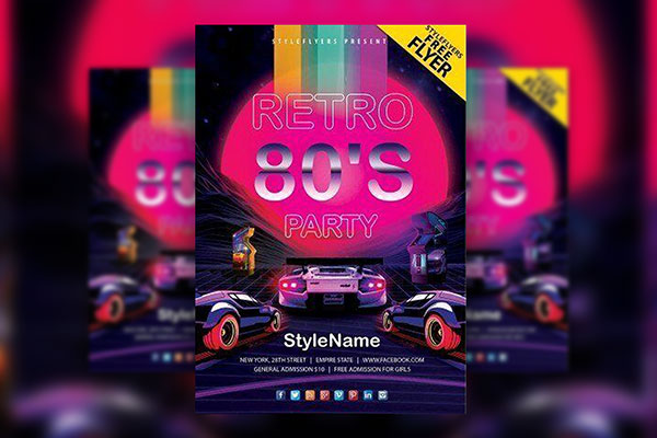 Neon 80s Retro with Cars Party Flyer Template FREE PSD