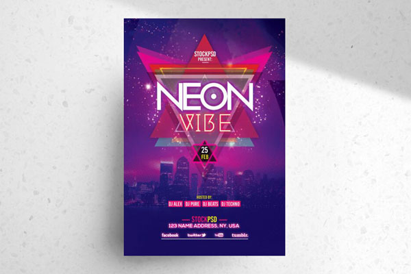 Neon, Geometric Music Event Flyer Template FREE PSD
