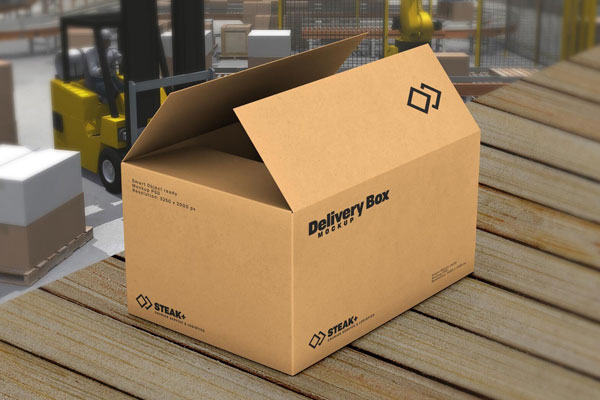 Open Cardboard Packaging Delivery Box in a Storage Mockup FREE PSD