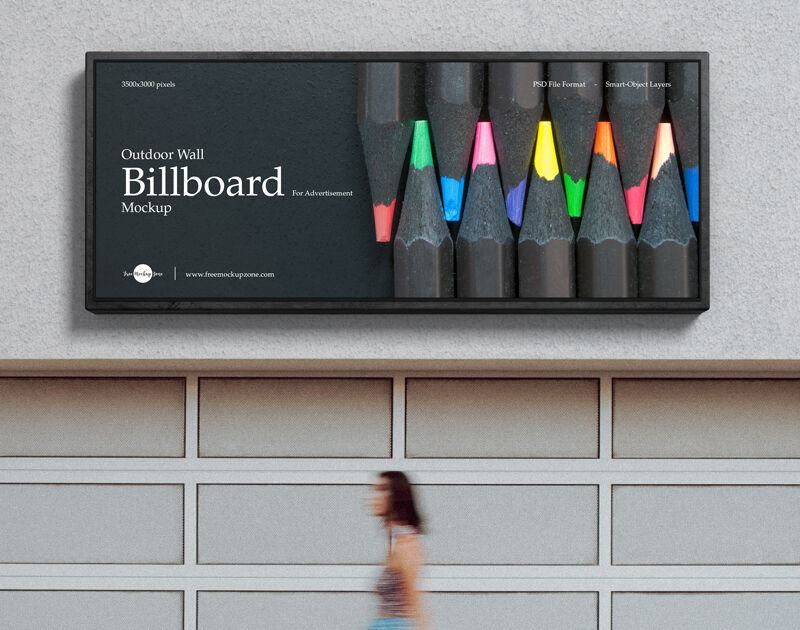 Outdoor Wall Billboard in the Front View Mockup Featuring a Woman Passing by FREE PSD