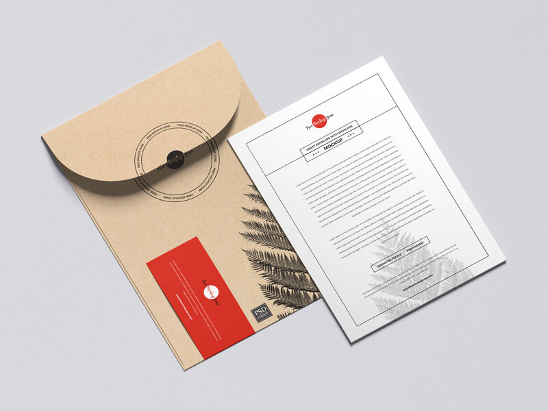 Perspective View of a Kraft Envelope with an Invitation Mockup FREE PSD