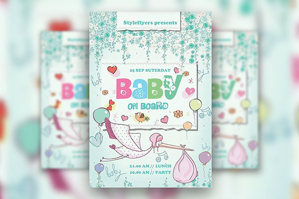 Playful Illustrated Hearts and Stork Baby Shower Flyer Template FREE PSD