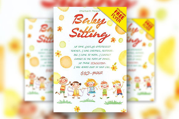 Playful Watercolor Drawing Babysitting Flyer Template FREE PSD
