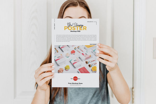 Poster Mockup Featuring a Girl Holding it in the Front View FREE PSD