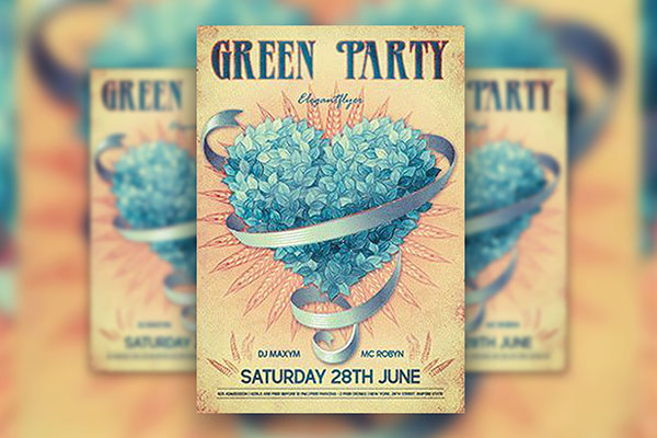 Retro Grunge Green Party Flyer Template and Facebook Cover FREE PSD