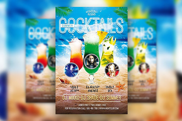 Sand, Blue, Green Tropical Cocktail Party Flyer Template FREE PSD