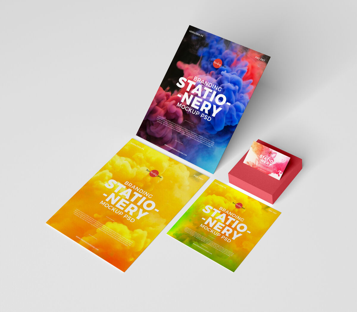 Stationery Mockup in the Overhead View Featuring Flyers and Business Card FREE PSD