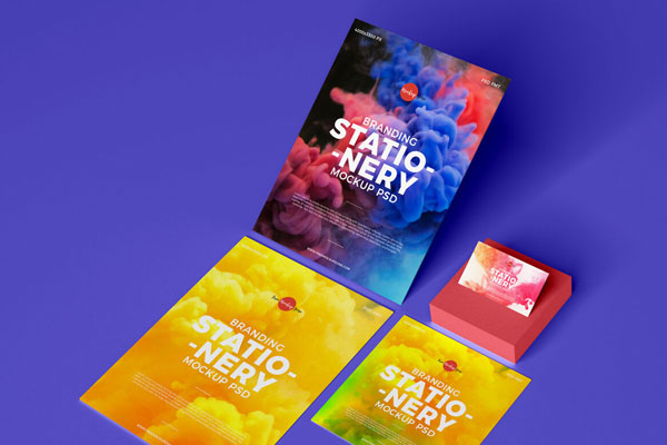 Stationery Mockup in the Overhead View Featuring Flyers and Business Card FREE PSD