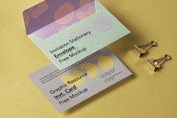 Top Side View of Envelope and Invitation Card Mockup Set FREE PSD
