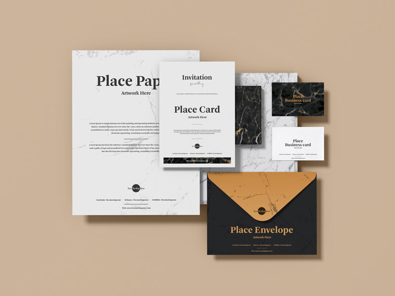 Top View Branding Stationery Mockup Including Business Cards, Envelope, Etc. FREE PSD