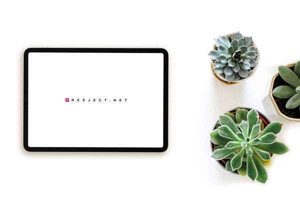 Top View iPad on a Clean Surface with Small Plants Mockup FREE PSD