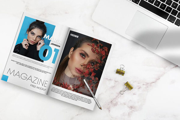 Top View of an Open Magazine on Marble Surface Mockup FREE PSD