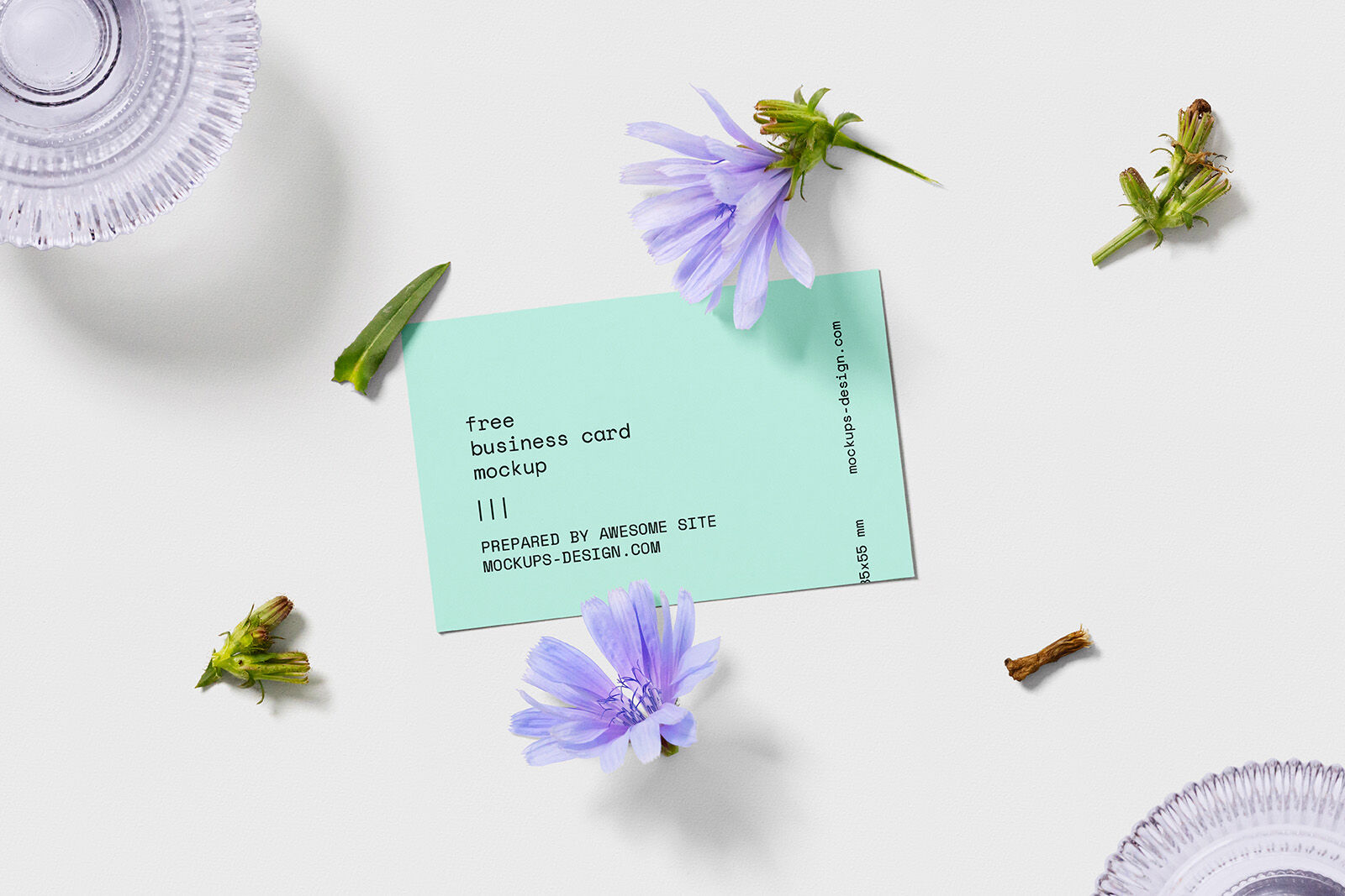 Top View of Two Business Cards Mockup with Flowers FREE PSD