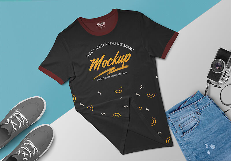 Top-View Round Neck T-Shirt on a Surface Mockup FREE PSD