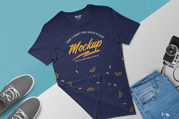 Top-View Round Neck T-Shirt on a Surface Mockup FREE PSD