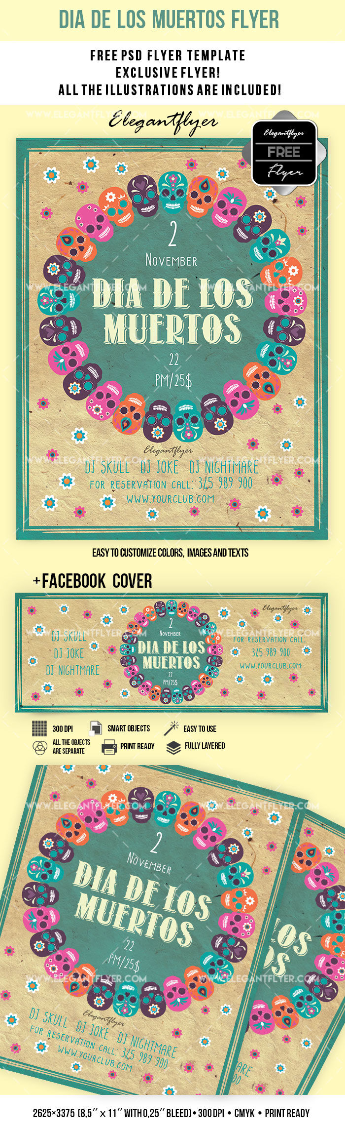 Traditional Illustrative Dia De Los Muertos Flyer and Facebook Cover Template FREE PSD