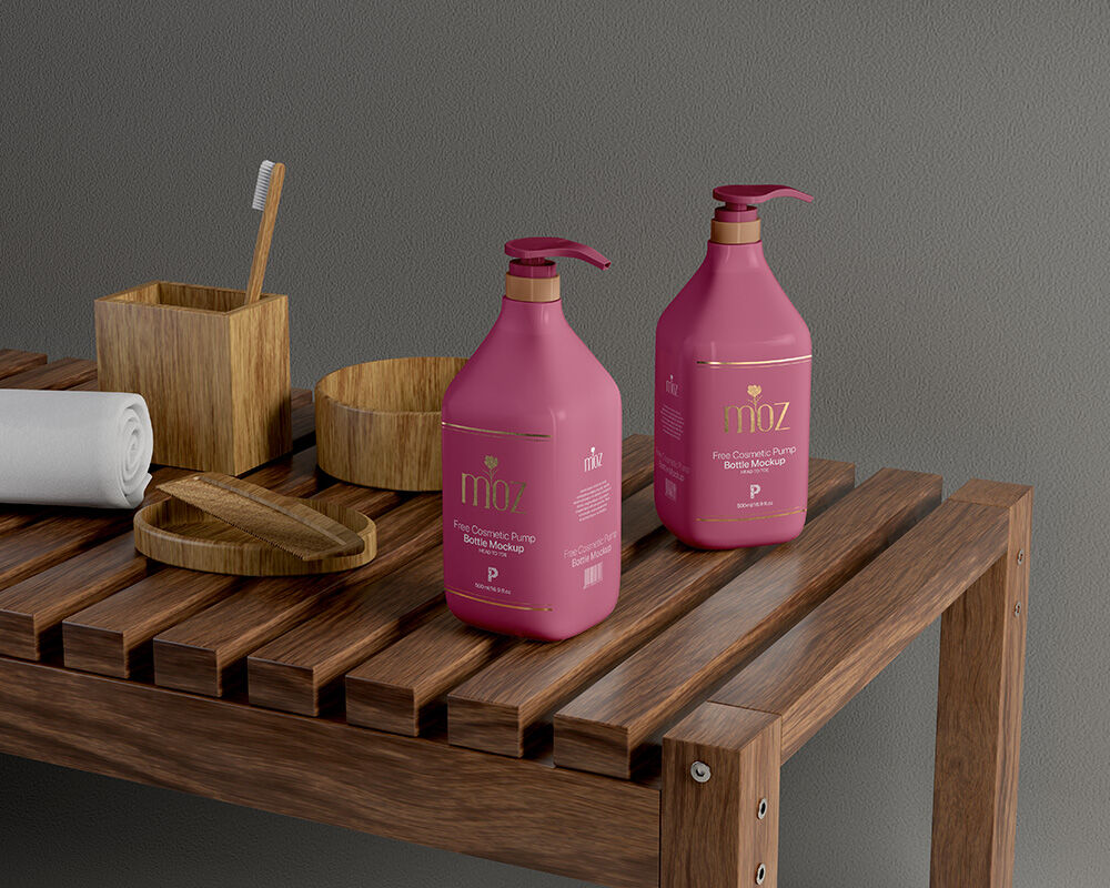 Two Cosmetic Pump Bottles on Wooden Table Mockup FREE PSD