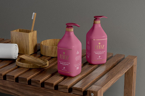 Two Cosmetic Pump Bottles on Wooden Table Mockup FREE PSD