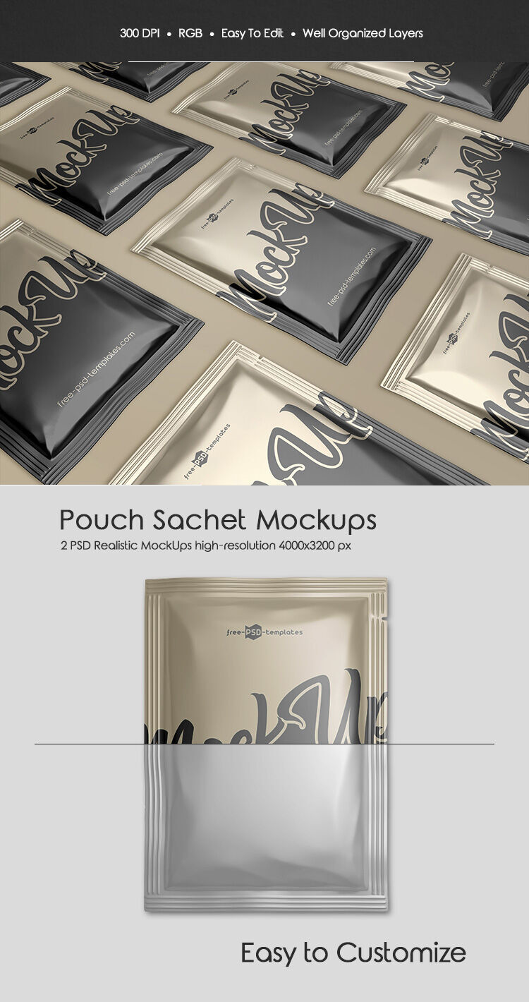 Two Pouch Sachet Laid Down in a Row Mockups FREE PSD