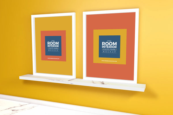 Two Vertical Interior Poster Frames Mockup with Marble Floor FREE PSD