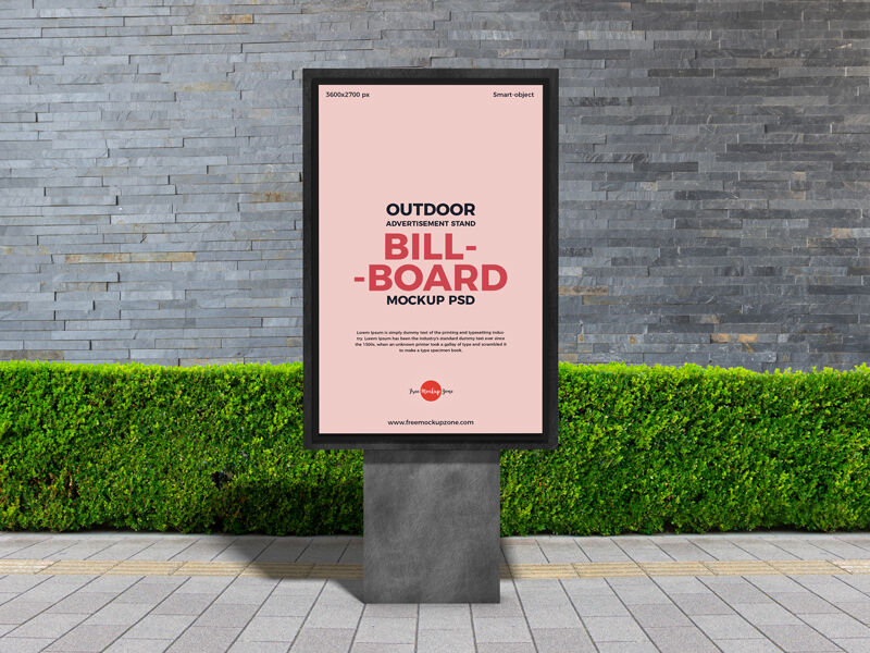 Vertical City Signage Standing on Sidewalk in the Front View Mockup FREE PSD