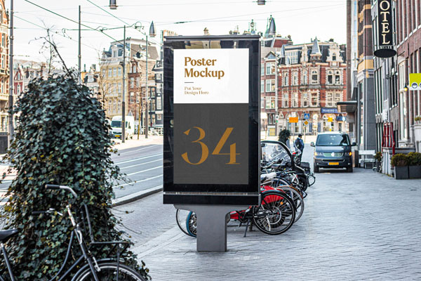 Vertical Signage On The Sidewalk In Half-side View Mockup Free Download 