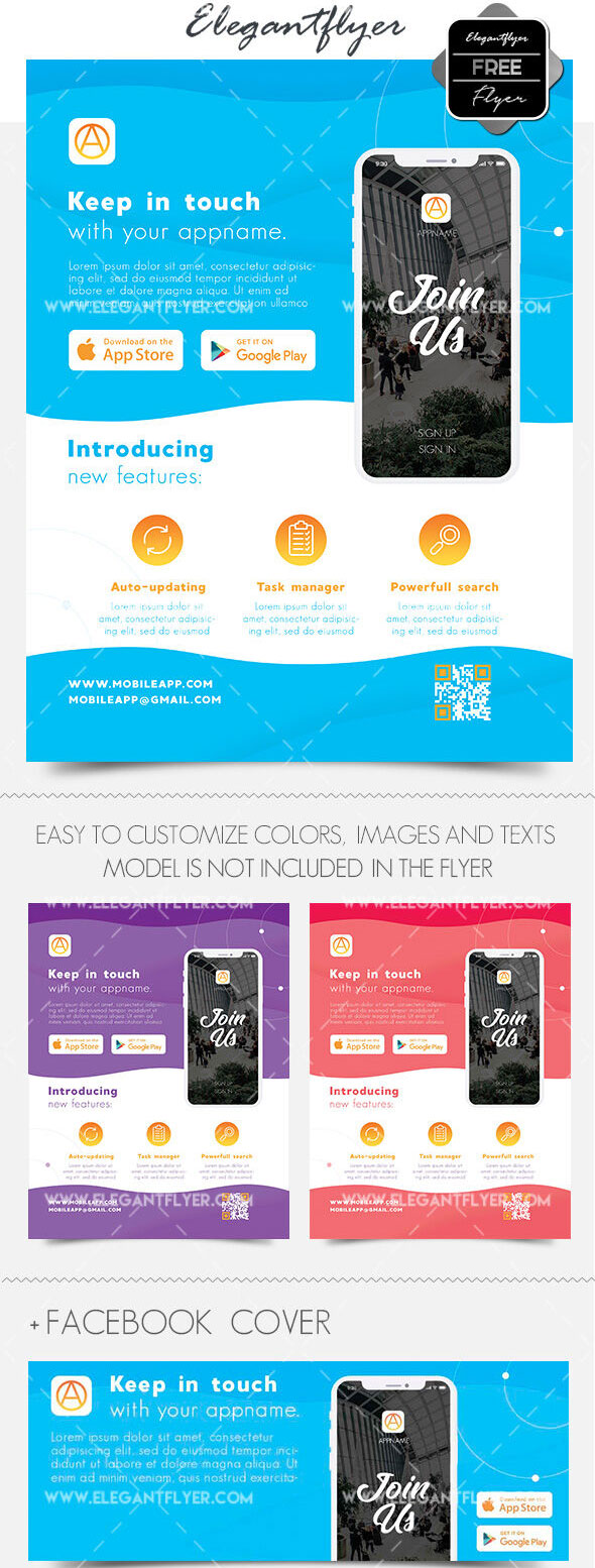 White, Blue, Abstract Mobile App Flyer Along with Facebook Cover Templates FREE PSD