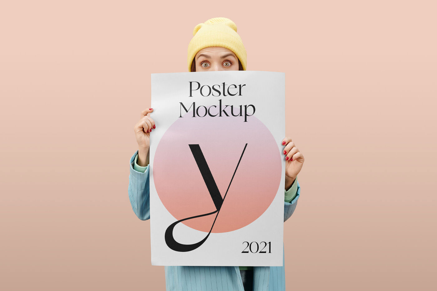 Women Holding a Poster in Front of Her Mockup FREE PSD