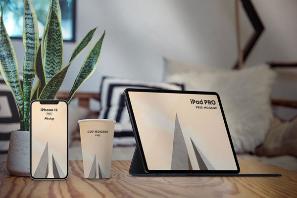 Workplace Scene of iPad Pro and iPhone with Paper Cup Mockup FREE PSD