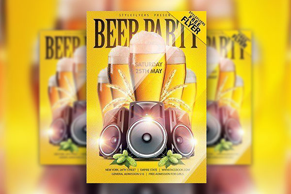 Yellow and Glitter Beer Party Flyer Template FREE PSD