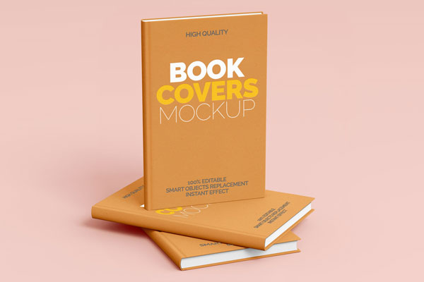 3/4 View 3 Hardcover Books Standing and Laying Down Mockup FREE PSD