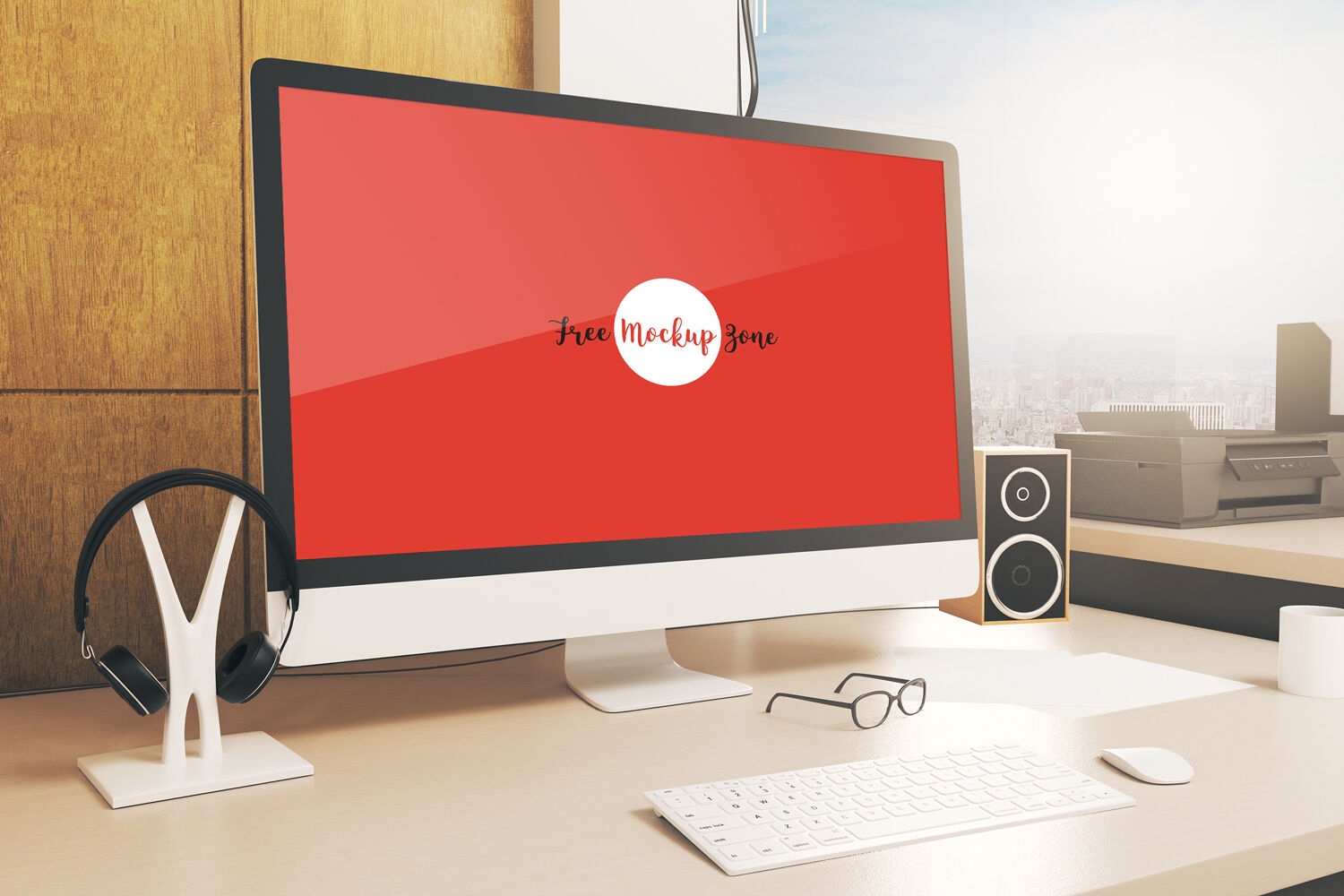 3/4 View Work Station Computer Screen Mockup with Headphone Holder FREE PSD