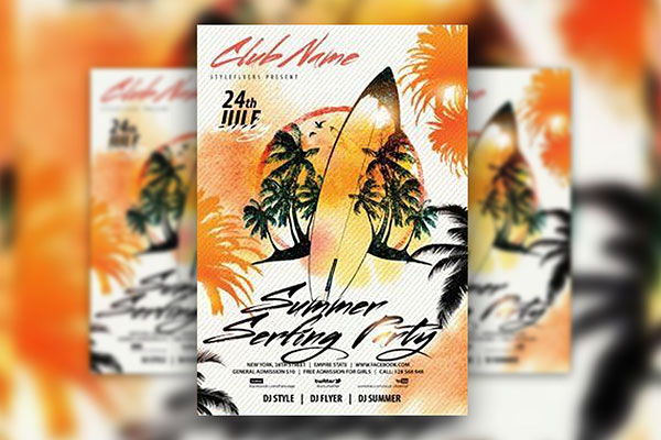 3 Watercolor, Illustrated, Tropical Summer Surfing Party Flyer Templates FREE PSD
