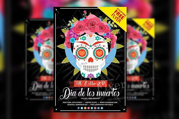 4 Illustrated Day of the Dead/ Dia de Muertos Flyer Templates FREE PSD