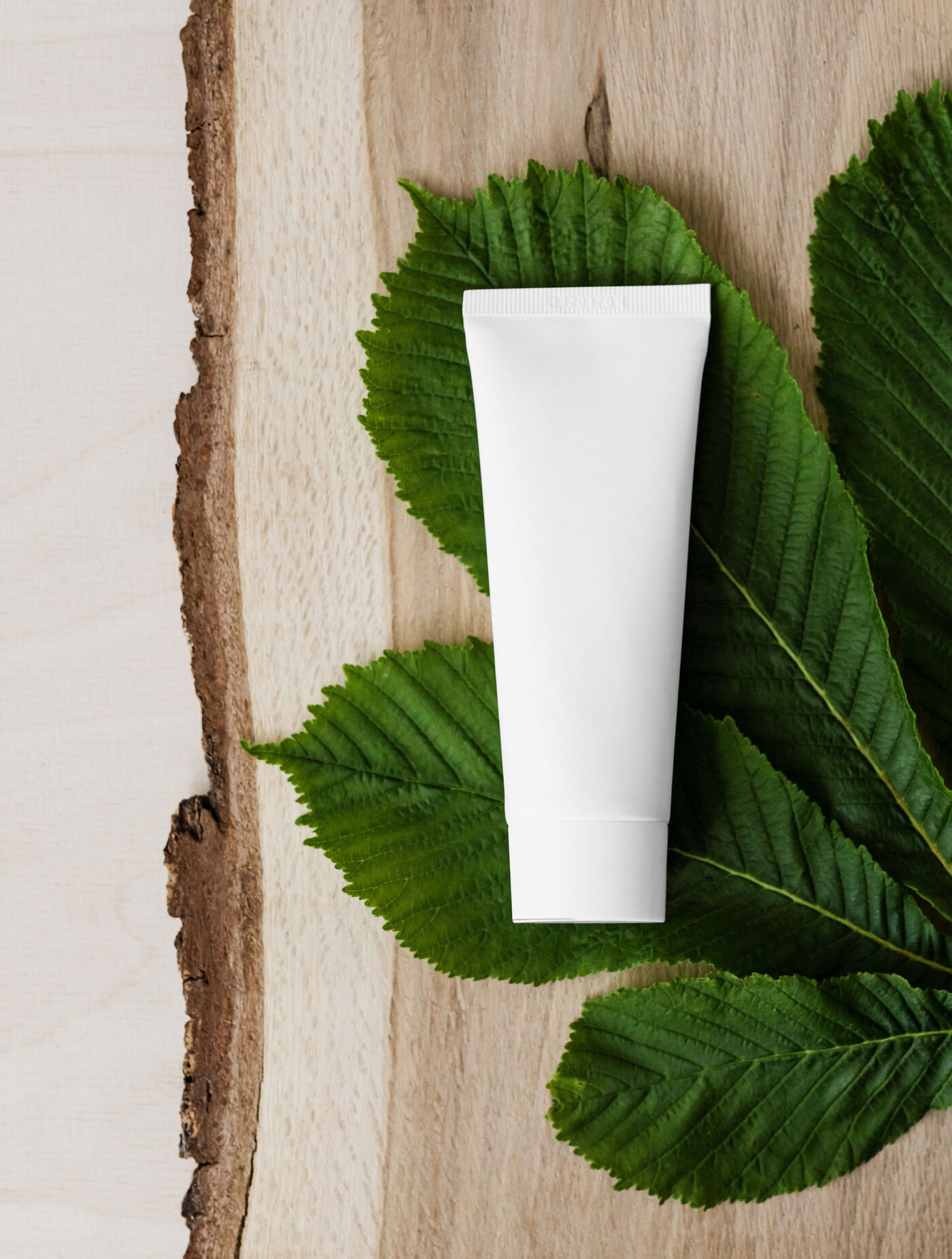 A Cosmetic Tube on Bunch of Leaves and a Piece of Wood Mockup FREE PSD
