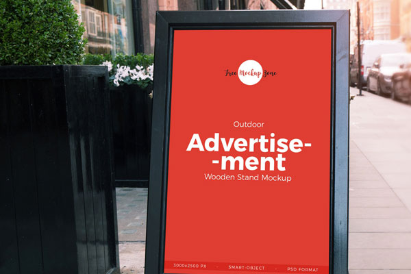 Advertisement Banner Stand on the Sidewalk in the Front View Mockup FREE PSD