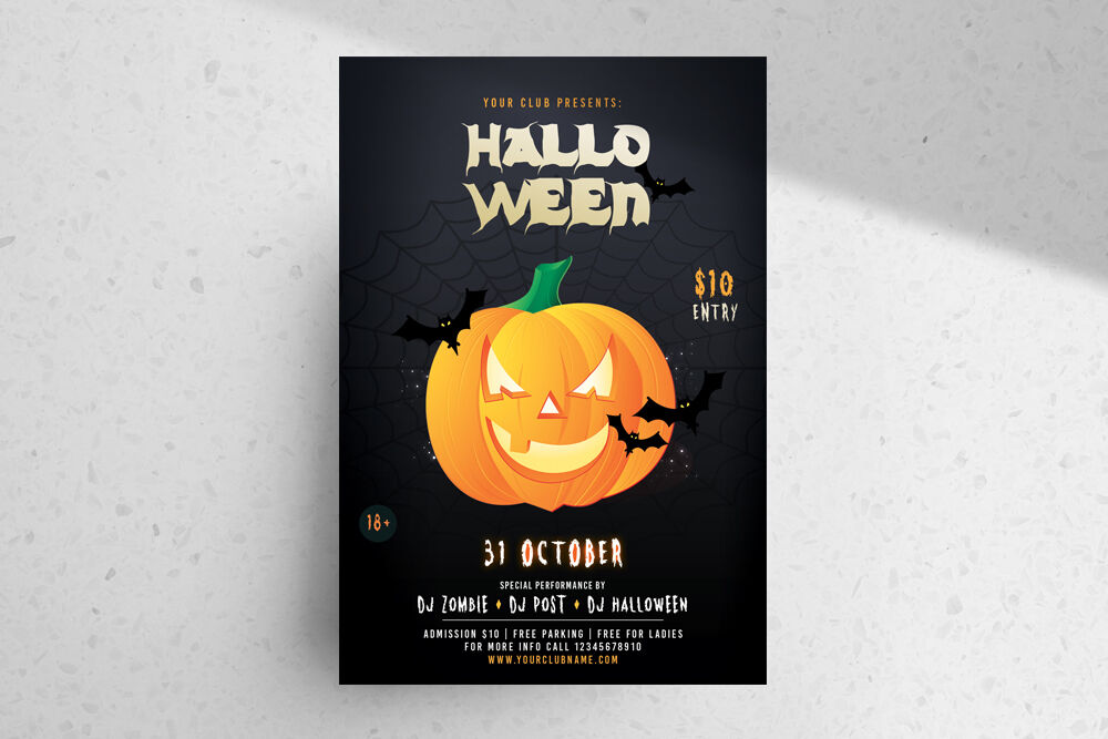 Black and Orange, Illustrated, Spooky Halloween Party Flyer Template FREE PSD