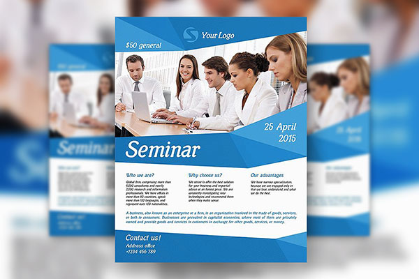 Blue Modern Business Seminar Flyer and Facebook Cover Template FREE PSD