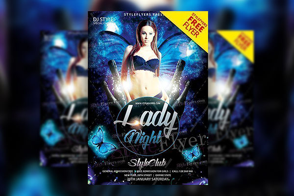 Blue Sparkly Butterfly and Champaign Lady Night Flyer Template FREE PSD